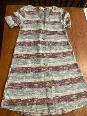 Entro Striped Short-Sleeve dButton-Front Women's Dress in Light Blue and Burgundy thumbnail 1