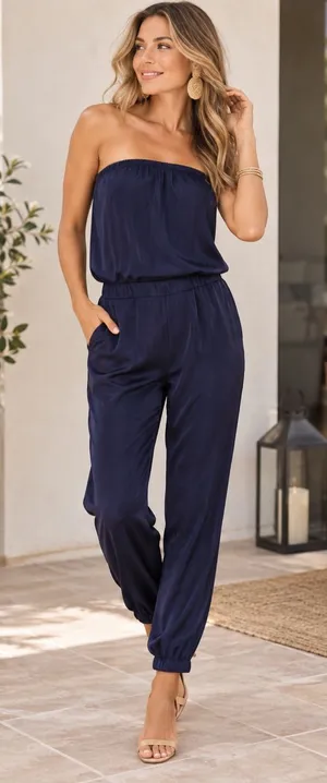 Lilly Pulitzer Emiko Strapless Jumpsuit True Navy Satin Size Medium thumbnail 1
