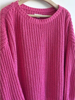 American Eagle Oversized Chenille Crewneck Sweater Hot Pink Chunky Knit Size M thumbnail 9
