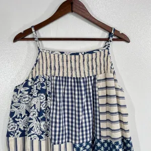 Universal Thread Womens 1X Blue White Patchwork Gingham Smocked Maxi Midi Dress thumbnail 7