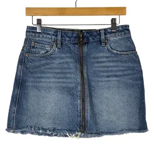 We The Free Front Zip Raw Hem Denim Mini Skirt Blue Grunge Edgy Size 26 thumbnail 2