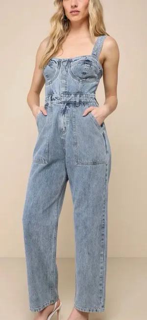 Lulus Denim Jumpsuit Sz Medium NWT Light Wash Date Night Out Brunch Bustier Fall thumbnail 1