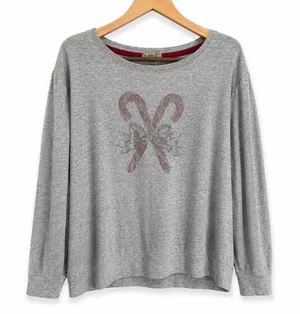 One World Womens Top XL Gray Beaded‎ Bling Candy Canes Bow Holiday Blouse thumbnail 1