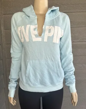 PINK Victorias Secret Deep V-neck Terry Cloth Hoodie Medium Logo Aqua‎ Blue Soft thumbnail 1