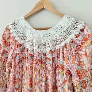 Anthropologie Lounge Dress Florence Floral Lace XS Boho Tiered Puff Sleeve thumbnail 5