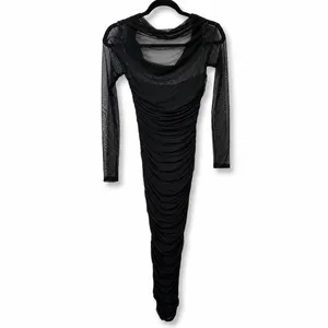 NEW Lulus Sunama Black Mesh Ruched Long Sleeve Bodycon Cocktail Midi Dress Small thumbnail 8