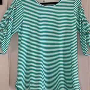 Lulu B Small Aqua Stripe UPF Top Lace Sleeve Coastal Beach Resort Cruise thumbnail 9