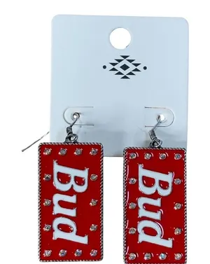 Budweiser Bud Beer Drop Earrings Womens OS Red Rhinestone Enamel Retro Statement thumbnail 1