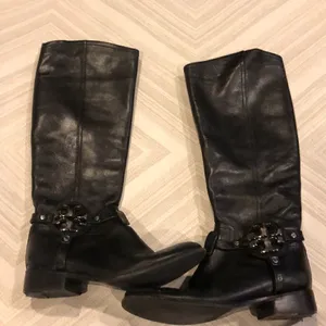 Tory Burch Aaden Black Leather Riding Boots Size 6 Silver Logo Tall Knee High thumbnail 1