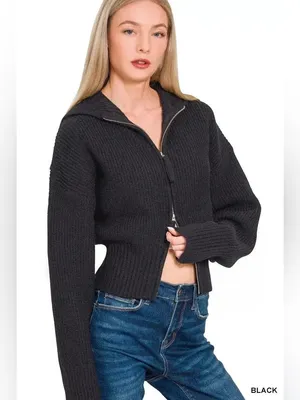 Zenana Black Ribbed Knit Two Way Zip Up Sweater Jacket Oversized Collar Cardigan thumbnail 3