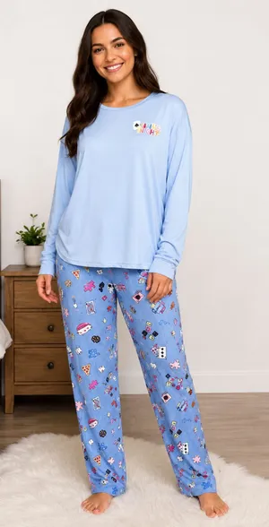 Women’s Light Blue 'Game Night' Graphic Long Sleeve Tee & pants PJ set size M thumbnail 1