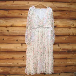 Mac Duggal 93788 Floral Beaded Sequin Midi Dress White Multi Size 16 thumbnail 4
