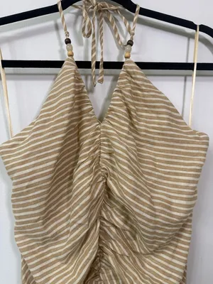 Zara Beige and White Striped Halter Ruched Maxi Dress Women’s Size Medium thumbnail 3