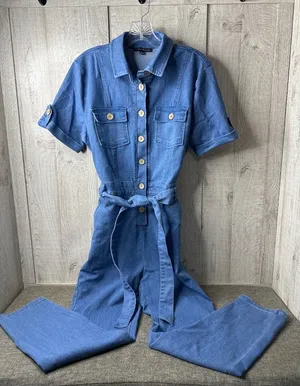 Haute Monde Blue Denim Jumpsuit Stretch Tie Waist Button Front Pockets Womens L thumbnail 1