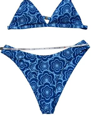 Blue Retro Floral Cheeky Bikini Set XL High Leg Triangle Swimwear Y2K Boho Beach thumbnail 5