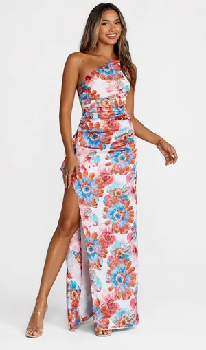 Hello Molly Different Love One Shoulder Floral Maxi Dress Pink Blue Size 6 thumbnail 1