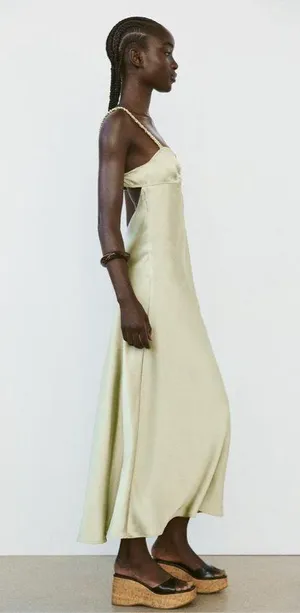 ZARA dress maxi sagę light olive green satin Effect Wedding Party Coctail thumbnail 17