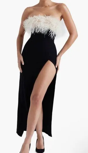 HOUSE OF CB Serai Feather Trim Stretch Crepe Cocktail Dress in Black size S thumbnail 1