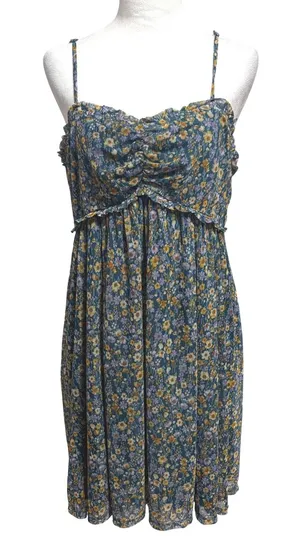 Floral Mesh Babydoll Mini Dress Womens L Stretch Boho Cottage Fairy Festival Y2K thumbnail 1