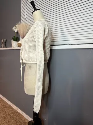 Cotton On Cream Open Knit Tie Front Cropped Cardigan Size S thumbnail 4