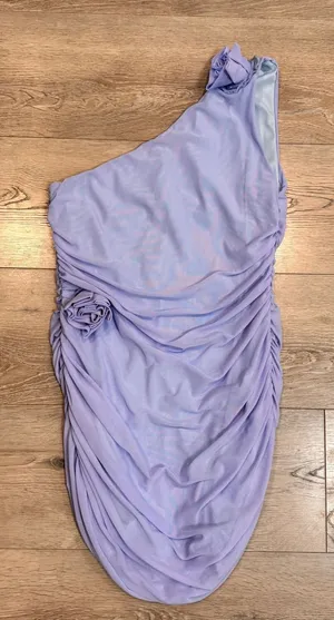 NWT PrettyLittleThing Lavender One Shoulder Ruched Rose Mesh‎ Dress Medium M thumbnail 1