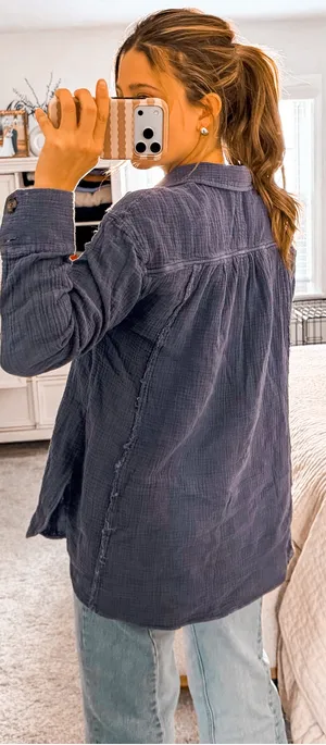 Free People Blue textured button up Long sleeve thumbnail 3