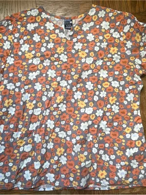 Zoe + Chloe Floral Scrub Top V-Neck Orange Grey White XL ~ Nurse Uniform Top thumbnail 2