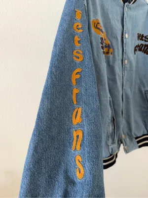 iets frans Blue Denim Embroidered Varsity Jacket Size XS thumbnail 11