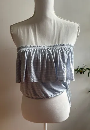 Abercrombie & Fitch Light Blue and White Striped Off-Shoulder Ruffle Crop Top thumbnail 1