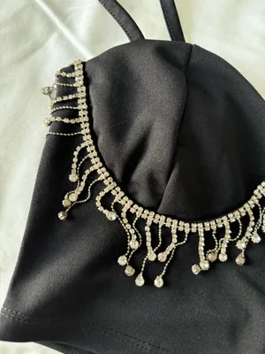 Black Crop Top With Rhinestone Fringe Detail thumbnail 3