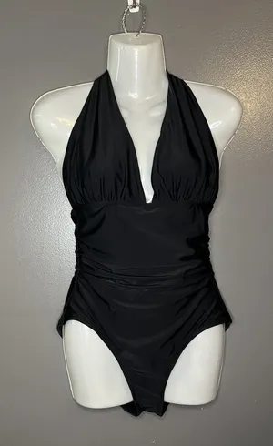 Old Navy Women’s Small Deep V-Neck Tie Back Black Halter One-Piece Swimsuit thumbnail 1