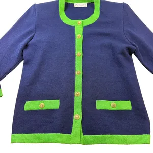 Vintage Gondine 2 Pc Knit Cardigan Pants Set Navy Green Shoulder Pads EUC thumbnail 7
