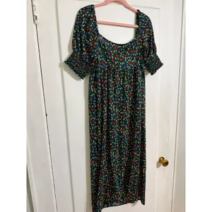 ASOS Green Floral Smocked Midi Dress Square Neck Puff Sleeve US 12 thumbnail 3