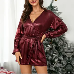 YOINS Metallic Long Sleeve Romper Dress Red Size M thumbnail 3