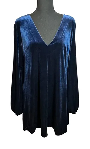 Free People Navy Blue Velvet V-Neck Mini Dress Open Back Tie Balloon Sleeve S thumbnail 1