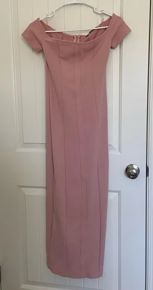 NEW ZARA women’s light‎ pink off shoulder bodycon back slit maxi dress XS thumbnail 1