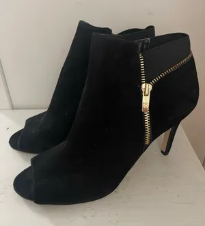 Marc Fisher Black Suede Peep-Toe Ankle Booties with Gold Zip thumbnail 1