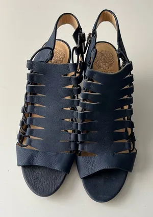 Vince Camuto Navy Leather 9M Laced 3" Block Heel Open Toe Shoes thumbnail 1
