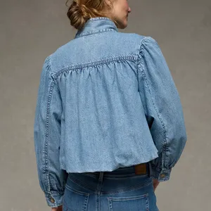 American Eagle Cropped Denim Jacket Women’s Medium Blue Puff Sleeve Button Front NWT thumbnail 3