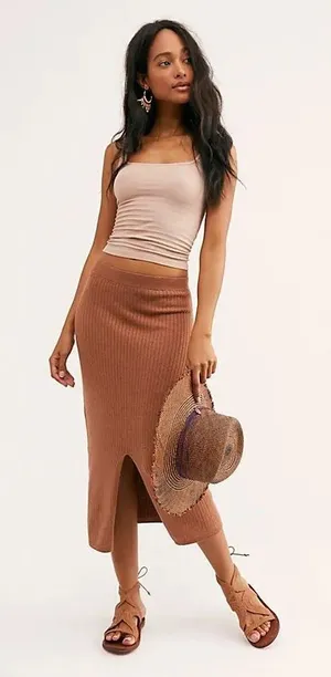 Free People Skyline Midi Maxi Straight Skirt Small Tan Brown Side Slit Stretch thumbnail 1