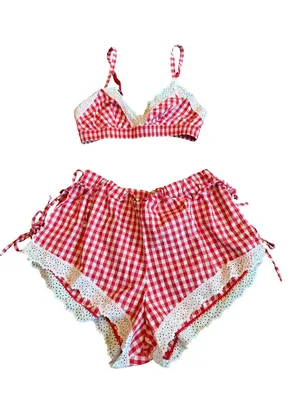 Colsie Red White Plaid Check Two Piece Outfit Set Crop Top Shorts Lace Size XS thumbnail 1