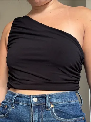 Forever 21 black ruched one-shoulder crop top thumbnail 1