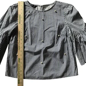 Zara Navy and White Striped Blouse Poplin Bell Sleeves Pearl Accent 3/4 Sleeves‎ thumbnail 8