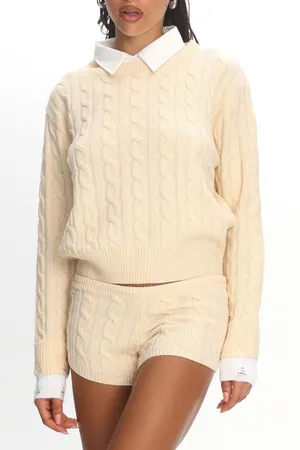 NWT Lioness x Revolve Coastal Cable Knit Collared Polo Sweater in Butter Cream - S thumbnail 1