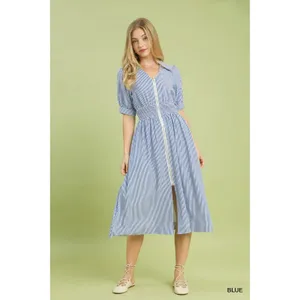 Umgee Striped Midi Dress with Front Zipper - Blue‎ - Medium thumbnail 4