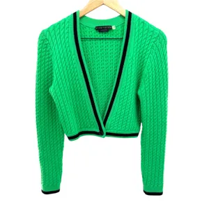 Alice + Olivia Jenae Cable Knit Cardigan S Preppy Twee Crop Green Wool Sweater thumbnail 3
