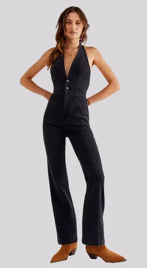 We The Free People Cruz Black Denim Halter Jumpsuit Minimalist Boho Festival thumbnail 1