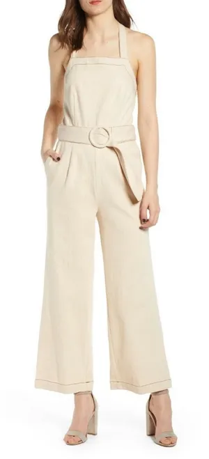 Anthropologie Moon River cream denim belted halter wide leg jumpsuit‎ small chic thumbnail 1