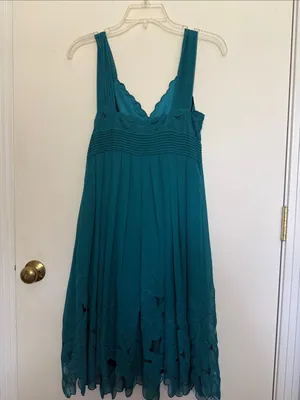 Sleeveless Teal V-Neck Midi Dress with Floral Lace Detail - Women thumbnail 3