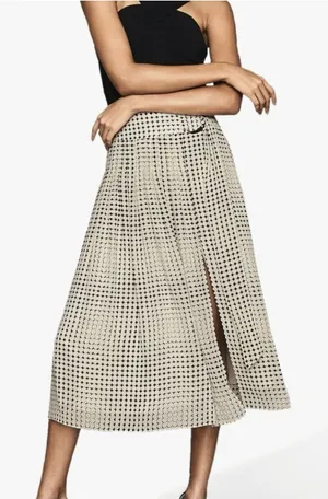 Reiss Jorja Skirt Womens 0 Black Cream Geometric Pleated Buckle Midi Lined‎ thumbnail 1